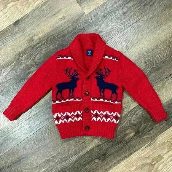 GAP Christmas shawl neck cardigan sweater toddler size 2 years red deer design - Picture 1 of 12